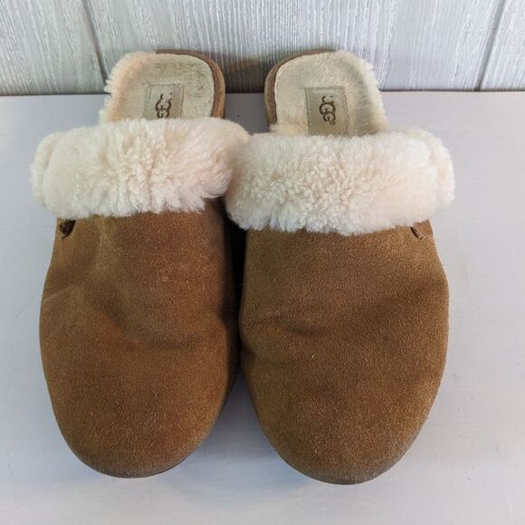 UGG Elanor Suede Mules Slip On Sheepskin Lining EUC SZ 6 - Picture 4 of 8